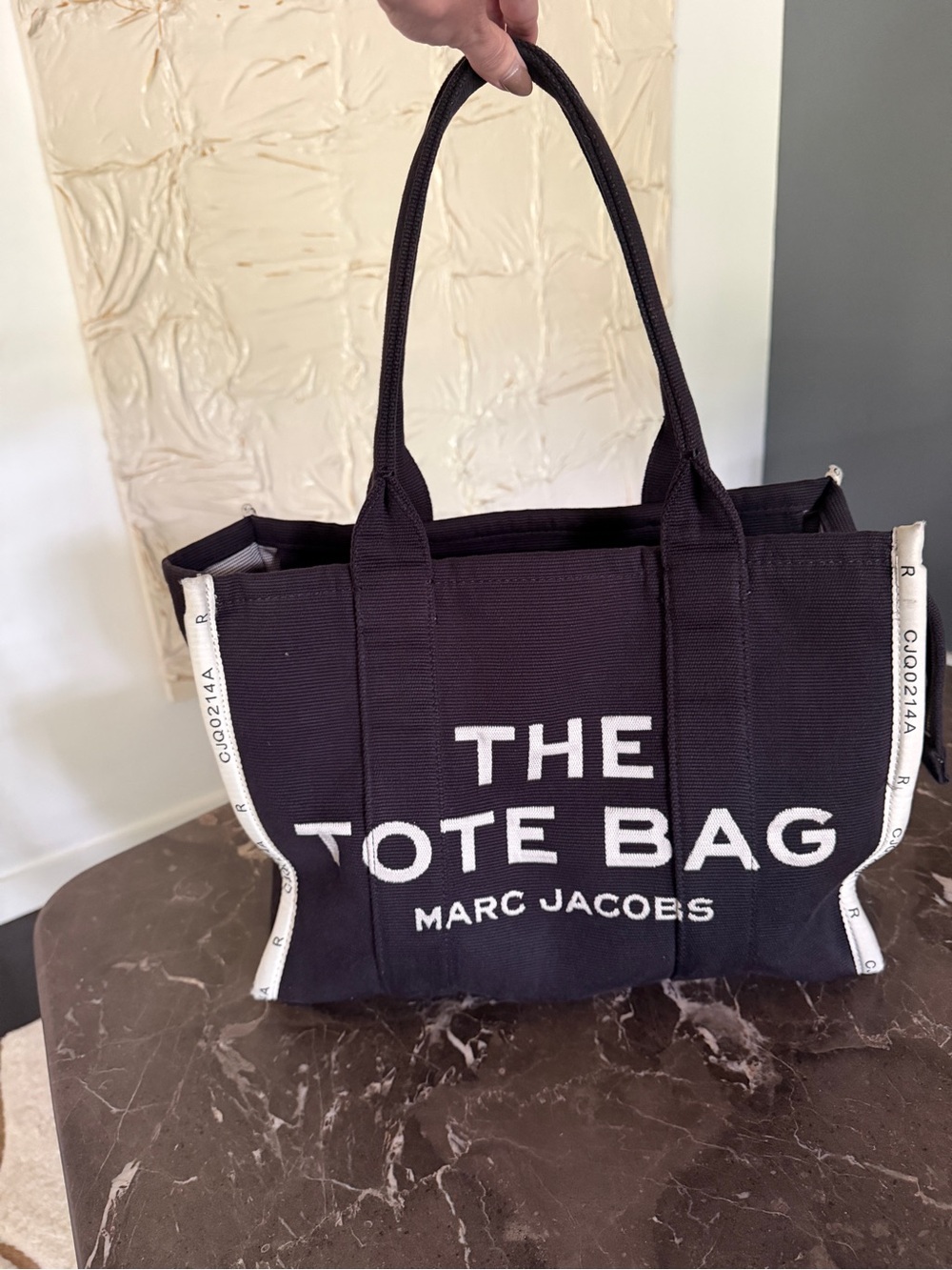Marc Jacobs Black Canvas Tote with White Text and Trim